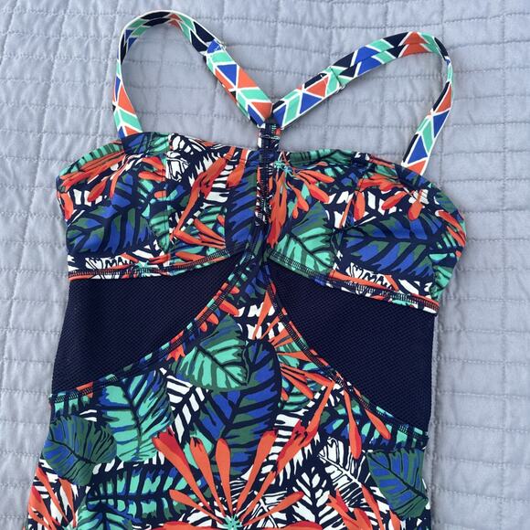 Athleta Hanalei One Piece Swimsuit Multi Color Tropical Mesh Panels Size 32 B/C - Picture 3 of 5